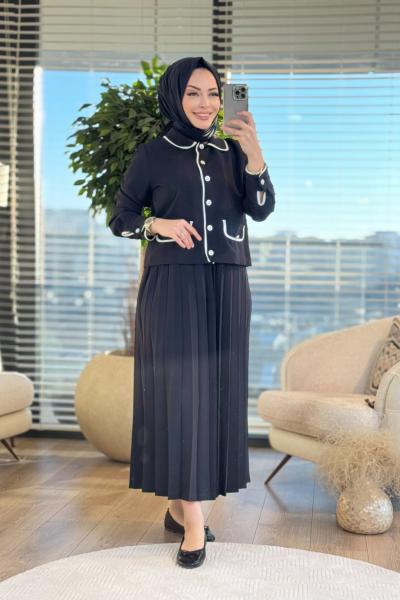 9680 Bebe Yaka Ön İnci Düğmeli Takım Siyah