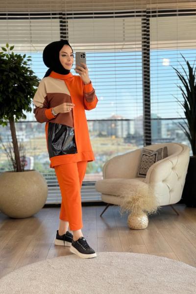 9683 Renkli Kare Parçalı Takım Turuncu