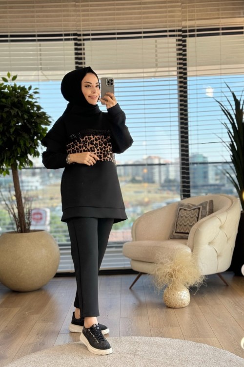 9684 Ön Pul Ve Leopar Şerit Detaylı Takım Siyah
