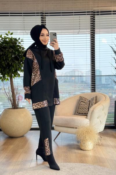 9707 Kol Yan Ve Paça Leopar Desen Parçalı Takım Siyah