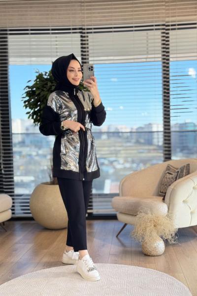 9710 Ön Payetli Fermuarlı Takım Siyah