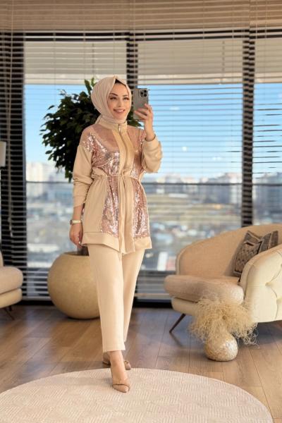 9710 Ön Payetli Fermuarlı Takım Bej