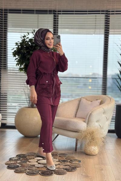 9711-1 Cepleri Ve Arkası Dantel Detaylı Takım Bordo