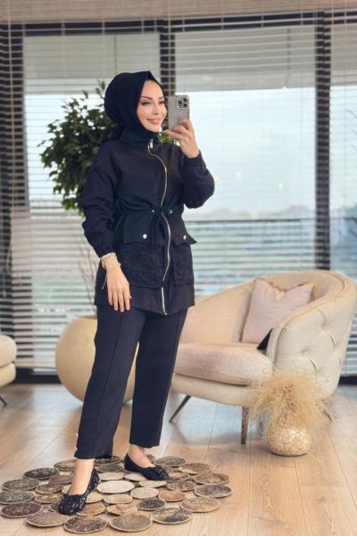 9711-1 Cepleri Ve Arkası Dantel Detaylı Takım Siyah