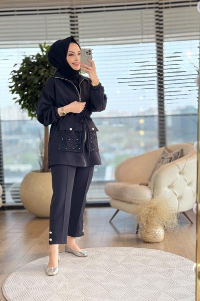 9711 Cepleri Ve Arkası Dantel Detaylı Takım Siyah