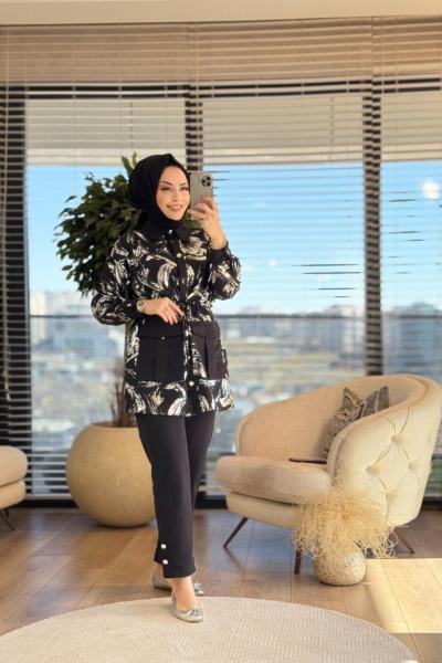 9716 Üst Varak Baskı Paça Düğmeli Takım Siyah