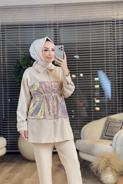 9718 Önü Pul Detaylı Bel Bağcıklı Takım Bej