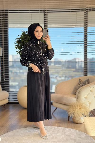 9719 Üstü Varak Yaprak Baskılı Etekli Takım Siyah