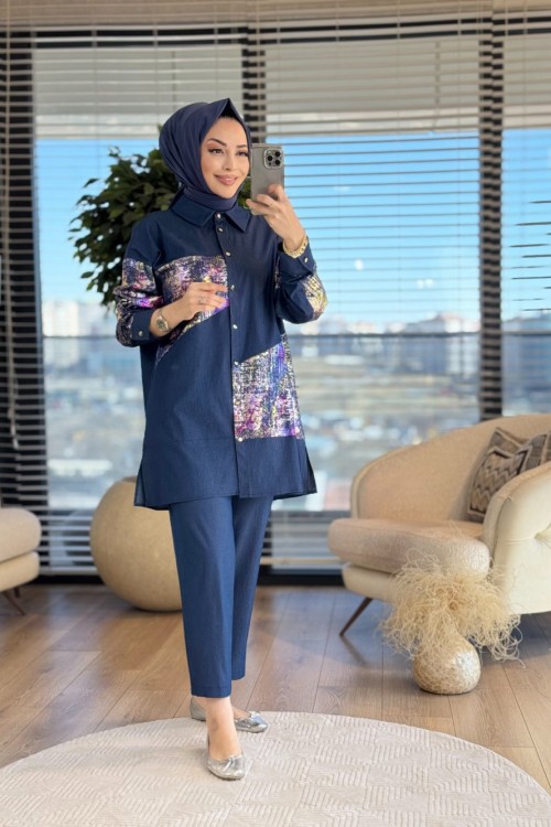 9721 Tencel Ön Ve Kolu Desen Parçalı Takım Lacivert