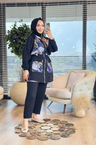 9744 Ön Desenli File Parçalı Fermuarlı Takım Siyah