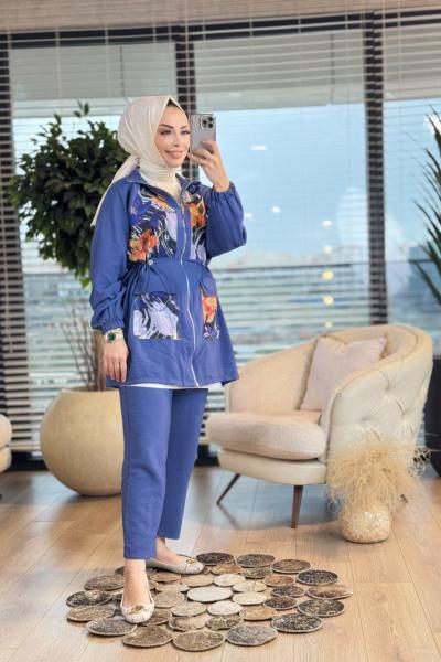 9744 Ön Desenli File Parçalı Fermuarlı Takım İndigo