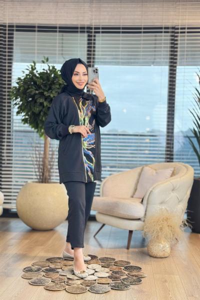 9748 Ön Sim Desen Parçalı Fermuarlı Takım Siyah