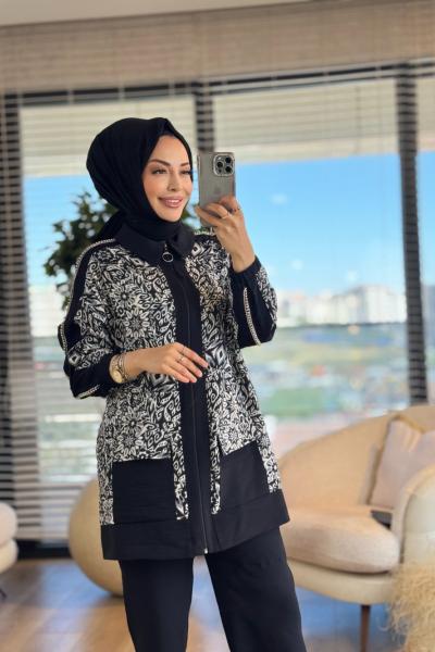 9753 Üst Desenli Omuz Şeritli Fermuarlı Takım Siyah