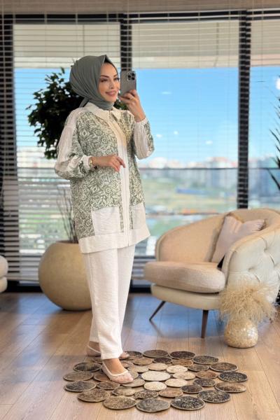 9753 Üst Desenli Omuz Şeritli Fermuarlı Takım Yeşil