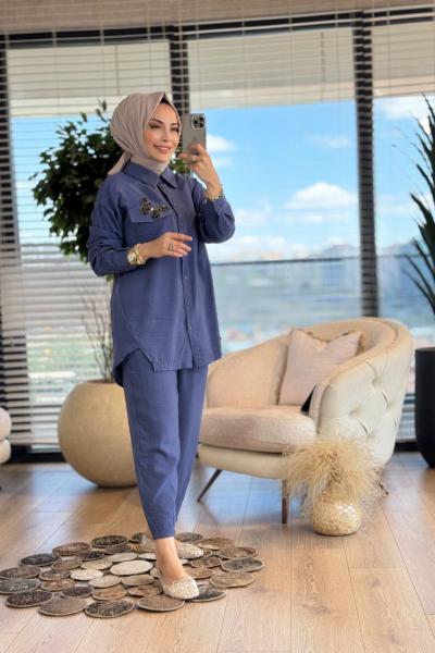 9758 Cebi Kelebek Broş İşli Takım İndigo