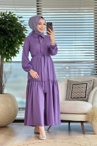 9766 Gofre Önü Düğmeli Elbise Lila