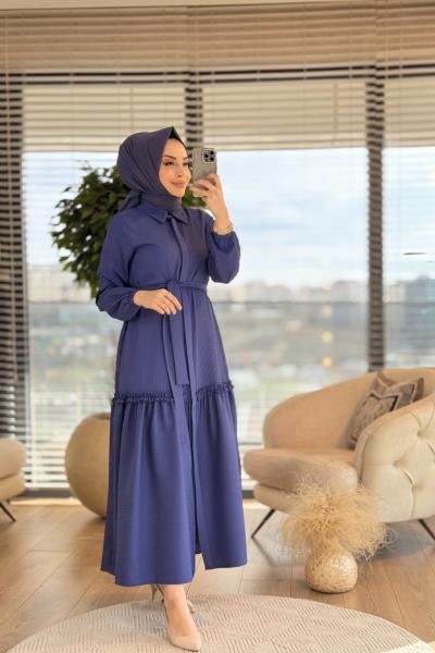 9766 Gofre Önü Düğmeli Elbise İndigo