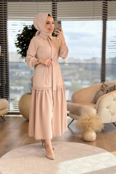 9766 Gofre Önü Düğmeli Elbise Bej