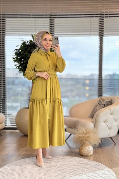 9766 Gofre Önü Düğmeli Elbise Yağ Yeşili