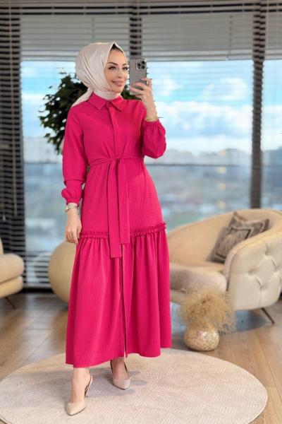 9766 Gofre Önü Düğmeli Elbise Fuşya