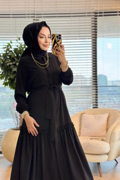 9766 Gofre Önü Düğmeli Elbise Siyah