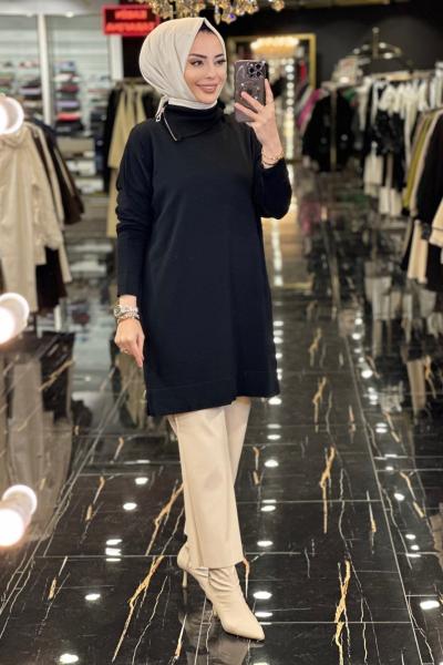 98 Yakası Fermuarlı Dore Triko Tunik Siyah