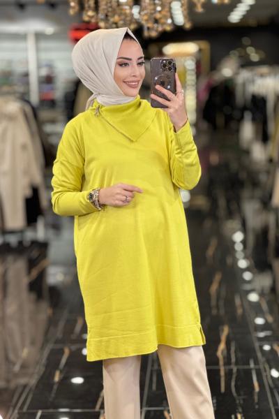 98 Yakası Fermuarlı Dore Triko Tunik Yağ Yeşili