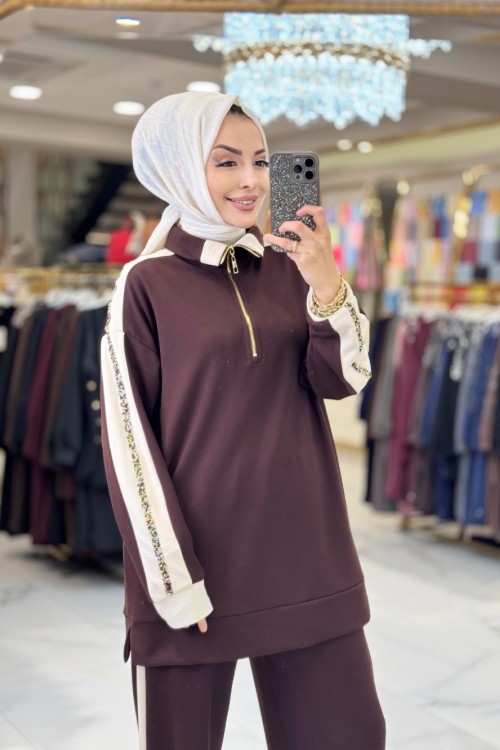 9827 Kolları Taş Şeritli Takım Kahve