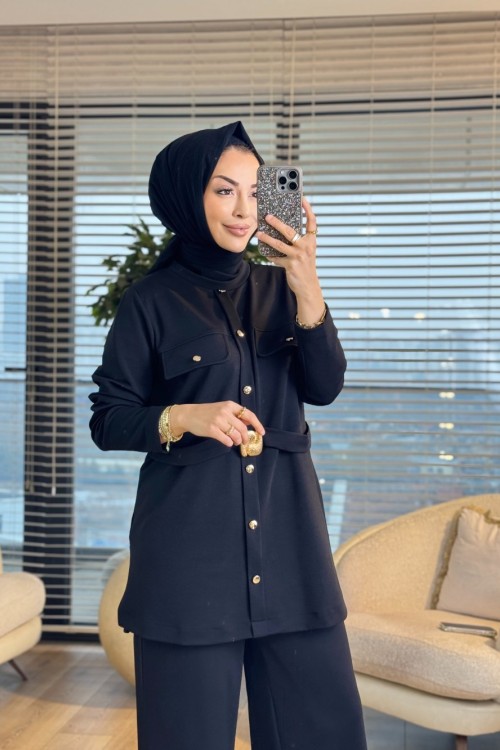 9830 Ön İki Cepli Beli Kemerli Pantolon Siyah