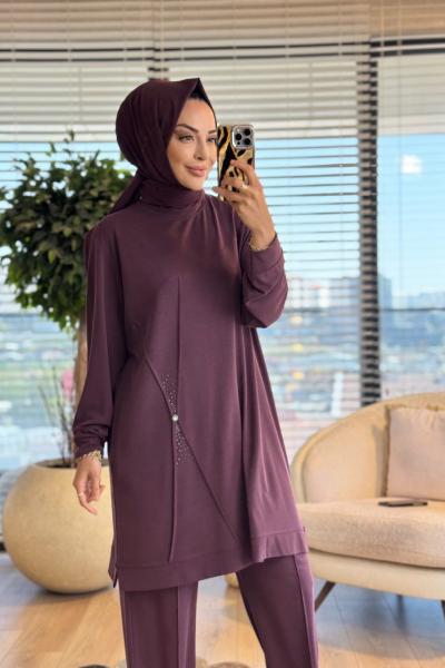 9894 Ön Dikiş Ve Taş Detaylı Takım Mürdüm