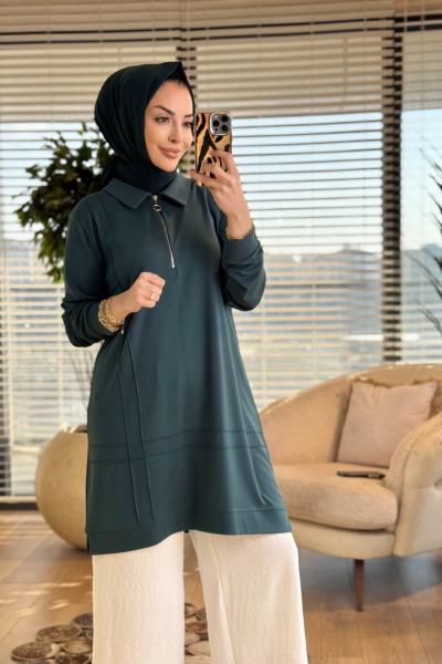 9910 Önü Kordon Biye Detaylı Tunik Zümrüt