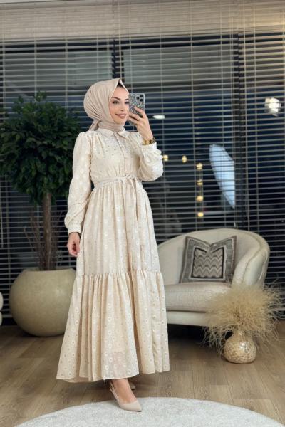 9983 Sim Detaylı Elbise Bej
