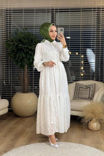 9983 Sim Detaylı Elbise Ekru