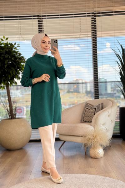 A1408 Krep Taş İncili Tunik Zümrüt