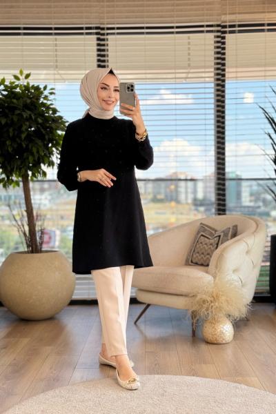 A1408 Krep Taş İncili Tunik Siyah