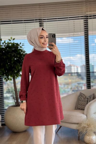 A1408 Krep Taş İncili Tunik Kiremit