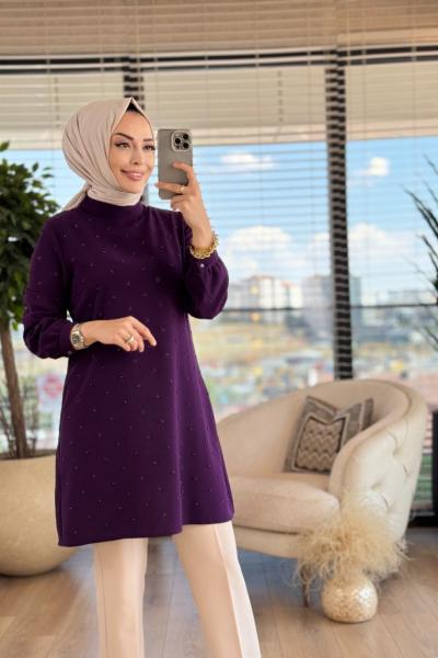 A1408 Krep Taş İncili Tunik Mor