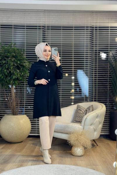 A1409 Patı Taş Düğmeli Tunik Siyah