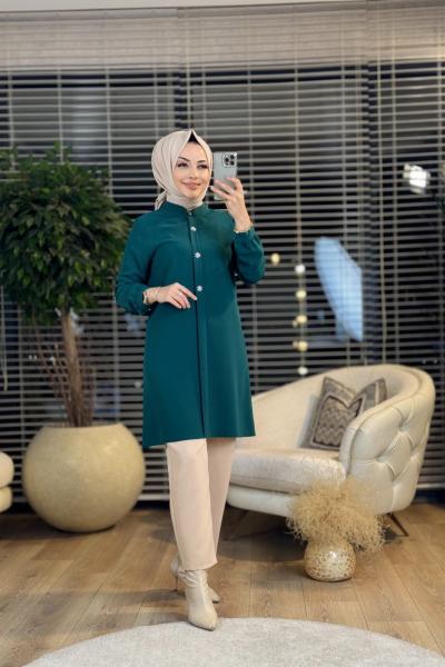 A1409 Patı Taş Düğmeli Tunik Zümrüt