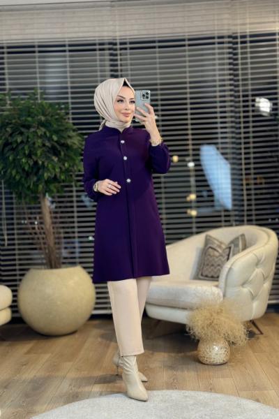 A1409 Patı Taş Düğmeli Tunik Mor