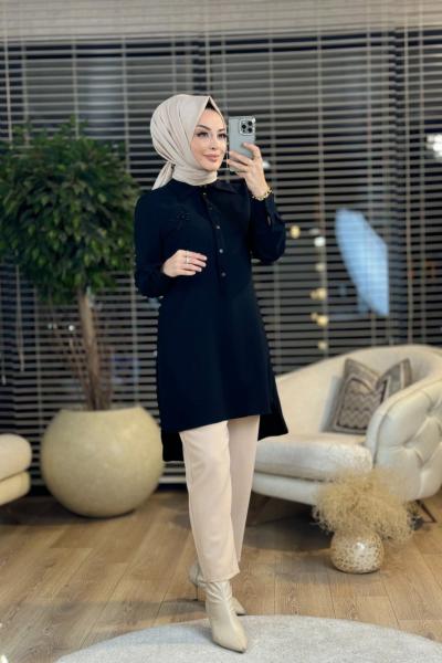 A1411 Krep Arkası Yıldızlı Tunik Siyah