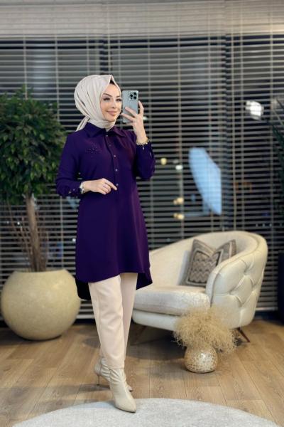 A1411 Krep Arkası Yıldızlı Tunik Mor