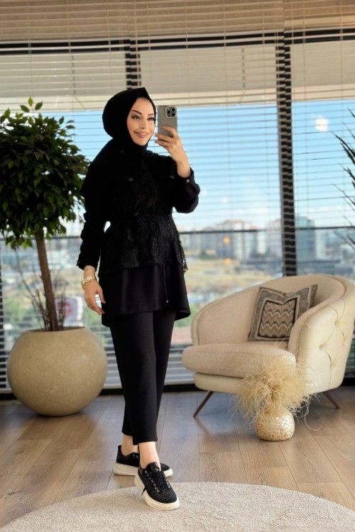 A1447 Sim Güpürlü Pantolon Takım Siyah