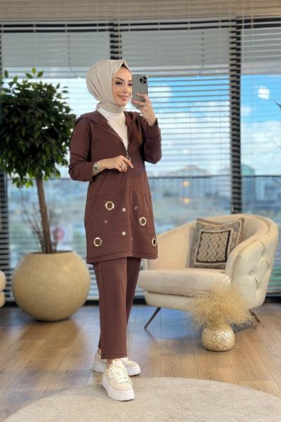 A1448 Kanguru Cep Kuşgözlü Pantolon Takım Kahve