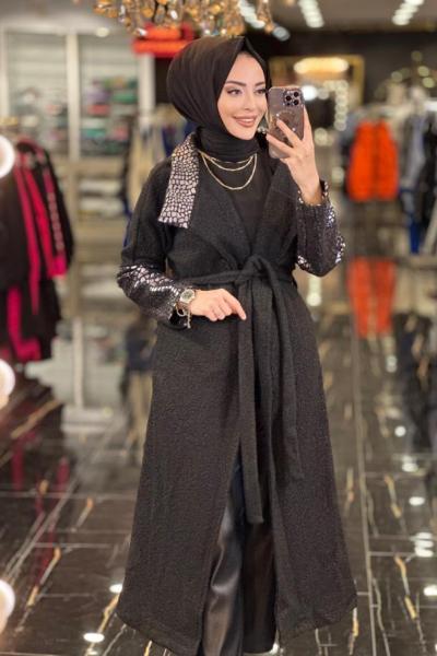 A148 Bukle Yaka Kol Baskılı Kaban Siyah