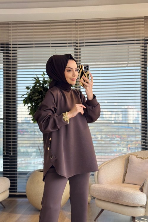 HWN6260 Yanları Düğme Detaylı Takım Kahve