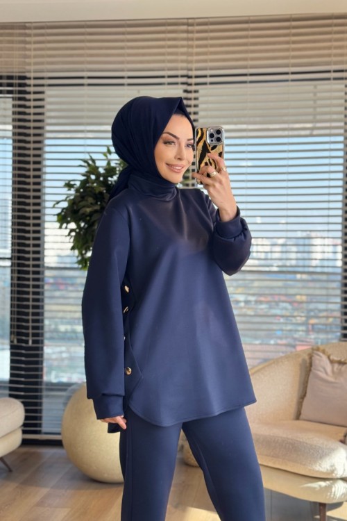 HWN6260 Yanları Düğme Detaylı Takım Lacivert