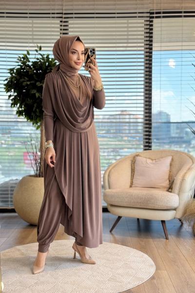 HWN6274 Beyza Şalvarlı Takım Vizon