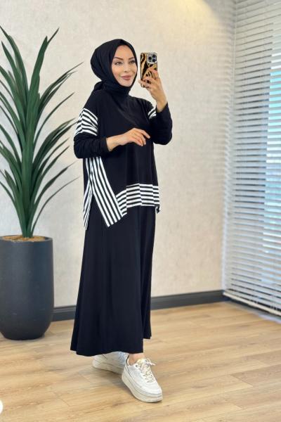 HWN6303 Dora Garni Detaylı Etekli Takım Siyah