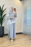 HWN6303 Dora Garni Detaylı Etekli Takım Gri